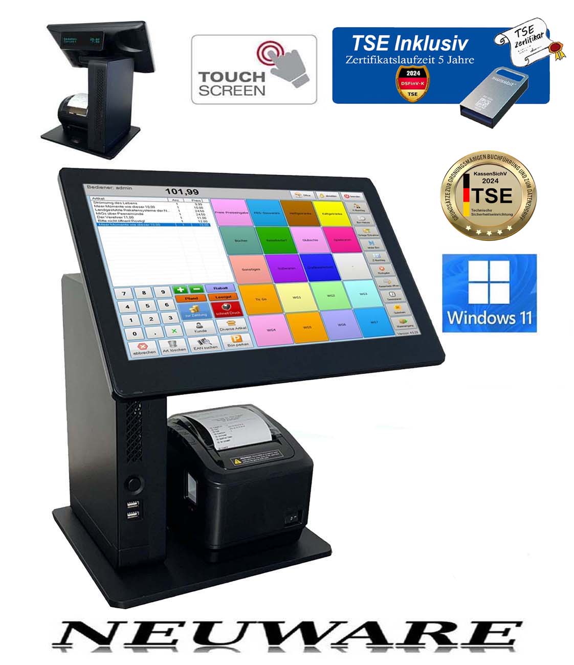 GoBD TSE 2020 READY ✅ 15" Touchkasse Computerkasse Scannerkasse für Handel 