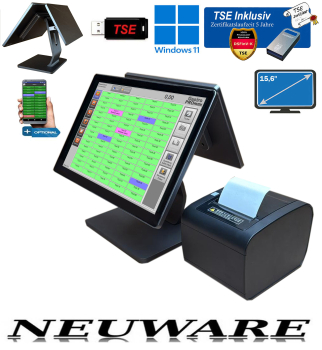 Touchscreen All-in-One Kassensystem f�r Gastronomie mit 15,6 Zoll Tischanzahl unbegrenzt. Mehrere R�ume. TSE 2026